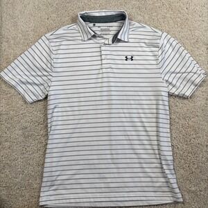 Under Armour Mens Playoff Polo Shirt Large White Grey Striped Golf Loose Fit